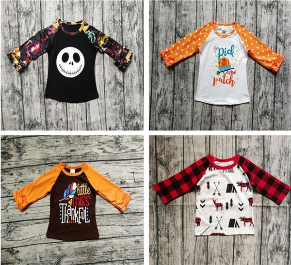 

halloween christmas baby clothes kids girls ruffled sleeve tshirts toddler newborn skull letter pumpkin cotton raglan kids c6857278, Blue