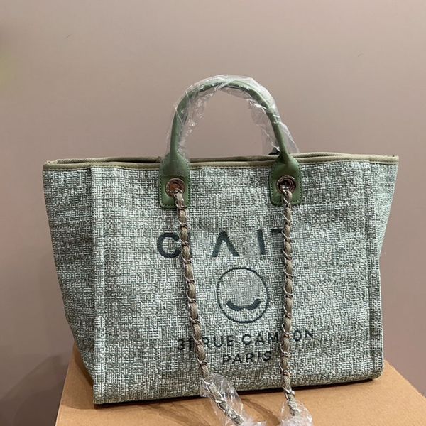 

women designer large knitting beach shopping bag with handle embroidery letters stripes matelasse chain high-capacity shoulder handbag luxur