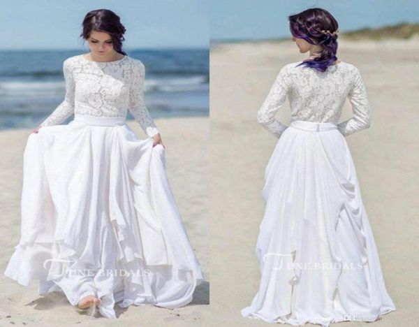

beach wedding dresse lace long sleeves jewel neck bridal gowns pick ups chiffon a line dress 003377, White
