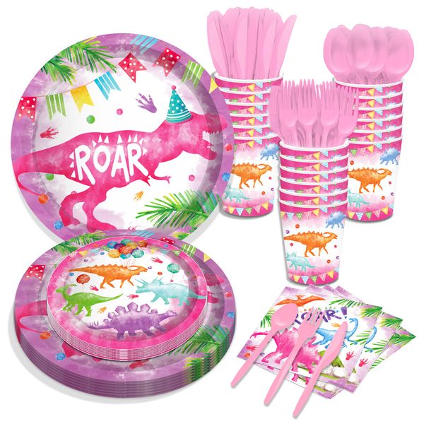 

pink dinosaur girl paper plates party supplie plates and napkins birthday set party dinnerware serves 8 guests for plates, napkins, cups 68p