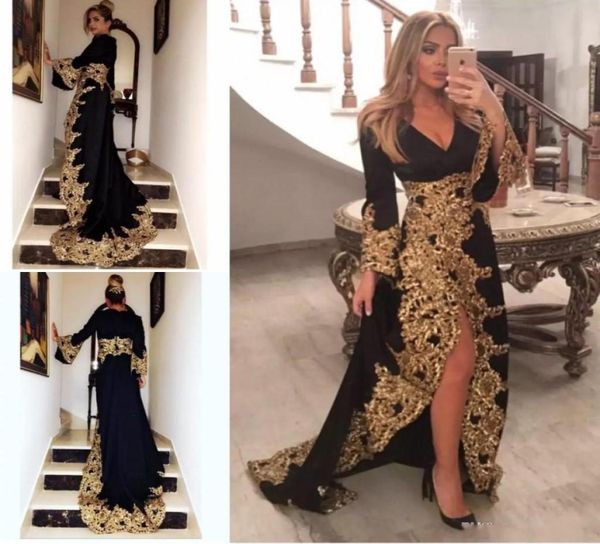 

black lace appliques muslim evening dresses with long sleeves 2019 gold embrodiery formal celebrity gowns high split saudi arabic 4189938, Black;red