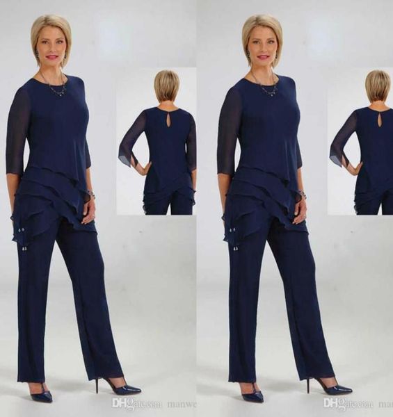 

2020 ursula mother of the bride pant suits chiffon dark navy ruffles wedding guest dress plus size women formal outfit6022070, Black;red