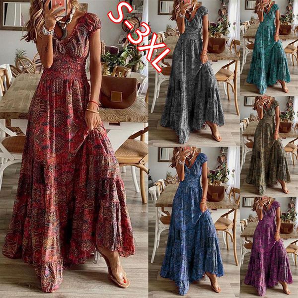 

basic casual dresses vintage long women summer floral print bohemian beach sundress woman retro v neck boho big swing party maxi 230718, Black;gray