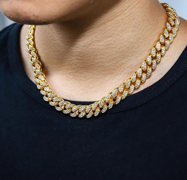 

mens 14k gold iced out miami cuban link chains hip hop jewelry bling rhinestone 18inch 20inch 24inch chain silver fin7818738