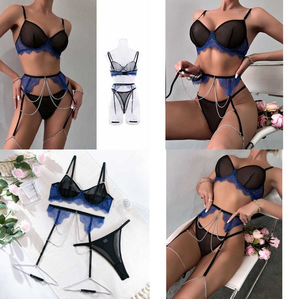 

nxy lace mesh stitching against color gather perspective chain 3-piece transparent bra and panty set women underwear set 230717, Red;black