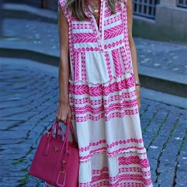 

urban dresse geometric print boho long dress v neck sleeveless loose maxi summer female holiday beach casual robe sundress 230717, White;black