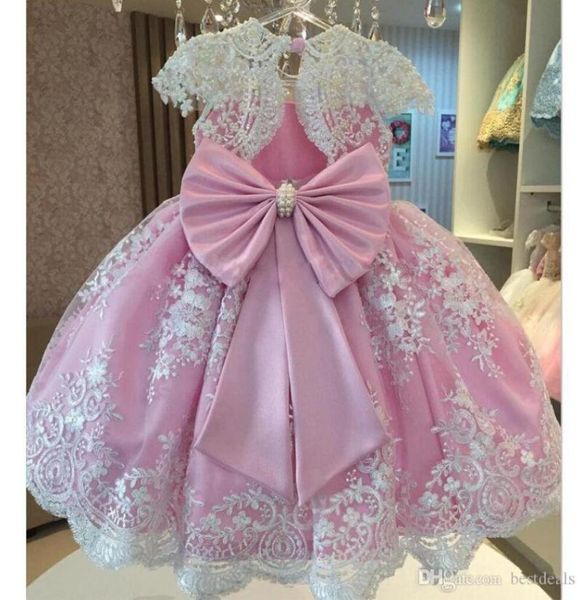 

classy pink pearls lace ball gown flower girls dresses for wedding appliques birthday gowns floor length tulle first communion dre9334983, White;blue
