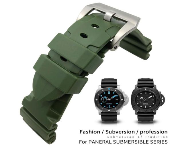 

24mm 26mm rubber silicone green black blue watch band for pam stainless steel pin buckle22mm diving strap deployment clasp men f6801487, Black;brown