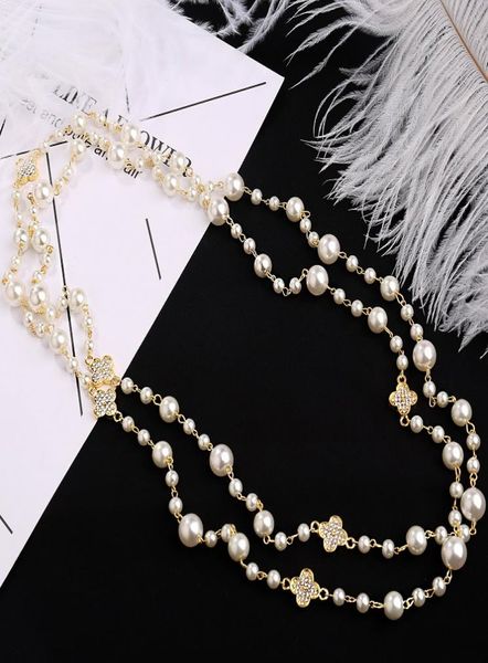 

new fashion luxury designer diamond lucky leaf pearl classic elegant multi layer long sweater statement necklace for woman7947251, Black