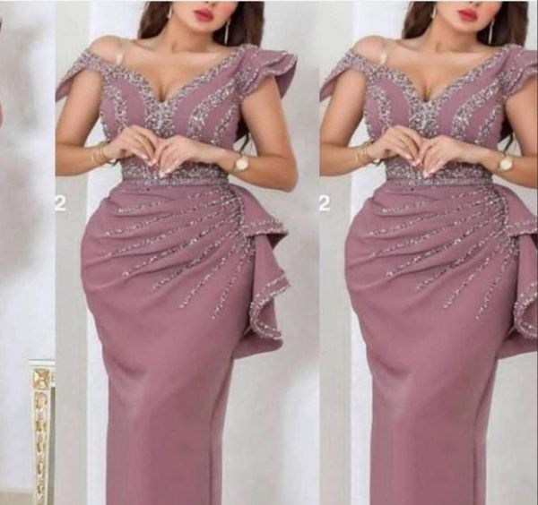 

2022 dusty pink arabic dubai prom dresses off shoulder silver crystal beads cap sleeves plus size party evening gowns wear sh7249144, Black