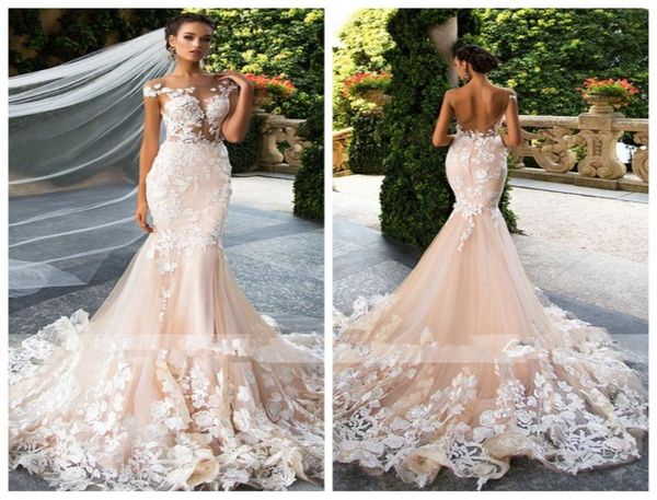 

2020 sheer short sleeves slim mermaid wedding dresses lace appliques backless gorgeous bridal gowns formal long custom vestidos de6719182, White