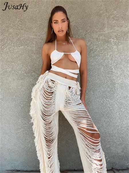 

women's pants capris jusahy y2k solid knitted straight pants for women hipster tassel hollow out high-waist bottoms streetwear christma, Black;white