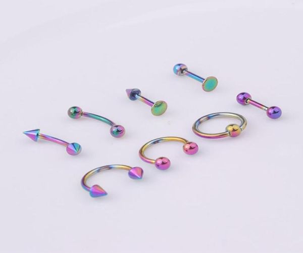 

8pcsset stainless steel barbell helix lobe tongue belly nose rings ball punk helix rook tragus septum lip eyebrow body piercing2157168, Slivery;golden