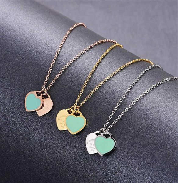 

martick romantic europe style heart pendant necklace green pink color double heart link chain necklace for woman jewelry p2 h09183342187, Silver
