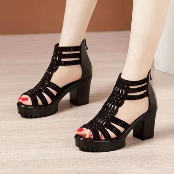 

sandals high heels gladiator sandals woman open head rivet block heel platform shoes summer back zip size 35-40 women sandals 230717, Black