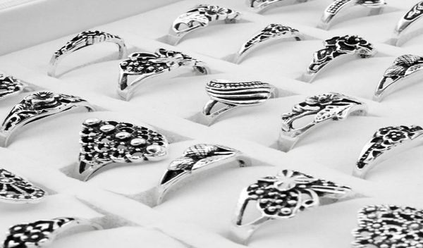 

100 pieces mix retro ring whole men clover flower charm antique silver plated statement small vintage ring for women3720247