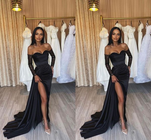 

black sheath prom dresses long for women sweetheart high side split long sleeves draped sequined party dress formal birthday pageant celebri