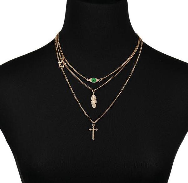 

new fashion retro alloy multilayered sweater chain rhinestone green eyes cross leaf necklace for women n12431293339, Silver