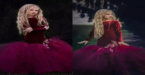 

velvet mermaid burgund girls pageant dresses 2019 jewel neck long sleeve flower girl dress appliqued formal party gowns for 3235231, White;red