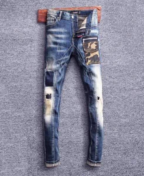 

men039s jeans street style fashion men retro blue elastic slim fit ripped biker camouflage pocket designer hip hop denim pants7812636