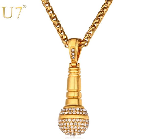 

u7 ice out chain necklace microphone pendant menwomen stainless steel gold color rhinestone friend jewelry hip hop p1018 2102730595, Silver