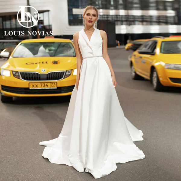 

a-line wedding dress 2023 fairy v-neck crystal belt backless simple satin dress for bride princess vestidos de novia, White