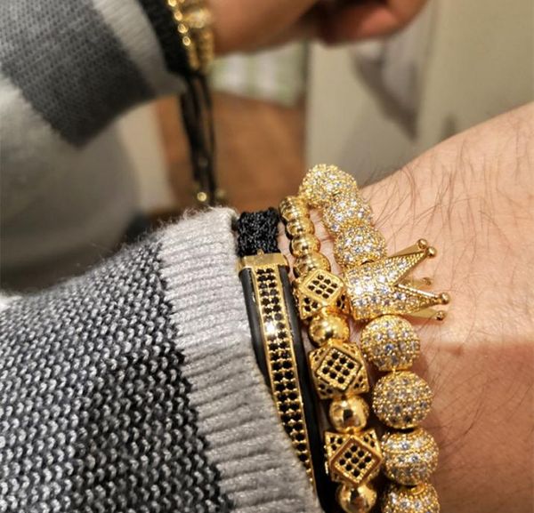 

3pcsset hip hop gold crown bracelets 8mm cubic micro pave cz ball charm braided braiding man luxury jewelry pulseira bileklik y207588990, Black