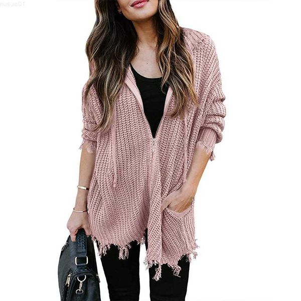 

women's sweaters logami ripped sweater casual zipper drstring hooded cardigan women autumn knitwear coat l230718, White;black