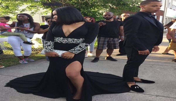 

leg slit graduation prom party dress deep v neck long sleeve black prom dresses long glitter beading open back prom gown4077063