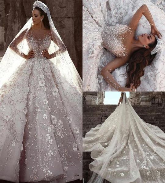 

elie saab 2020 ball gown long sleeevs wedding dresses luxury crystal beaded 3d flowers lace plus size saudi arabic dubai bridal go6793495, White