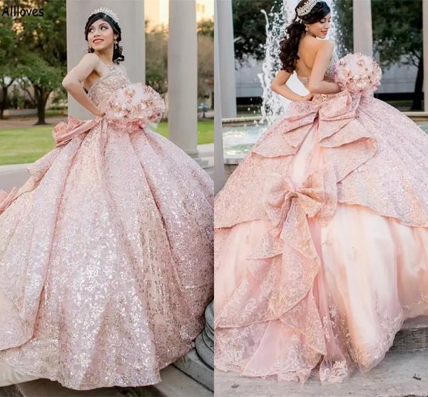 

blush pink sparkle crystal sequined ball gown quinceanera dresses prom queen gorgeous big bow princess formal occasion evening strapless swe, Blue;red