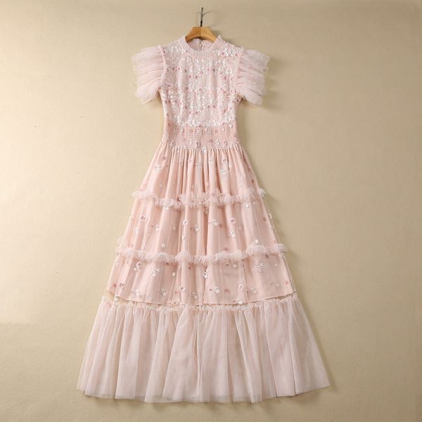 

european and american women's dress 2023 summer new style short sleeve stand collar fashion embroidered pink pleated dress xxl, Black;gray