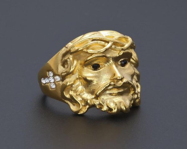 

stainless steel men trendy jesus cross black white cubic zirconia rings hip hop finger accessories punk jewelry size 8129379815, Golden;silver