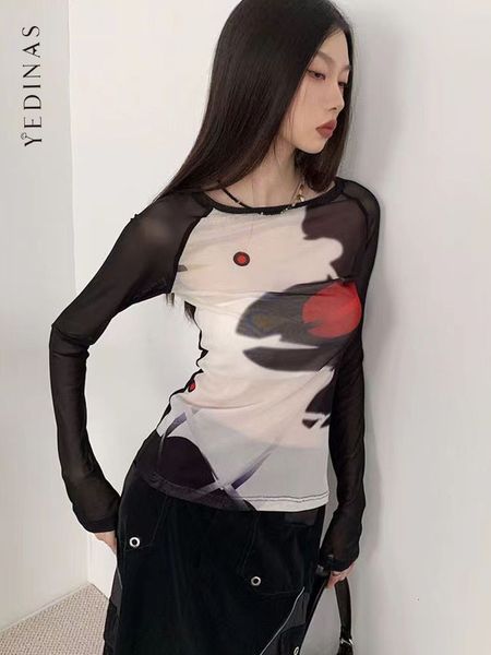 

women's t-shirt yedinas patchwork see through mesh spring summer t shirt women long sleeve y2k streetwear design tee shirt femme chic, White
