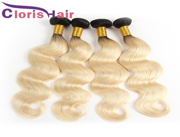 

dark roots blonde human hair bundles 3pcs brazilian virgin body wave ombre weave colored 1b 613 platinum blond wavy sew in extensi9526143, Black