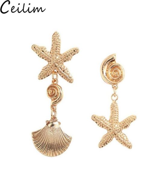

bohemian asymmetry shell dangle drop earrings for women party statement starfish shell earrings gold color metal summer bride jewe2361666, Silver