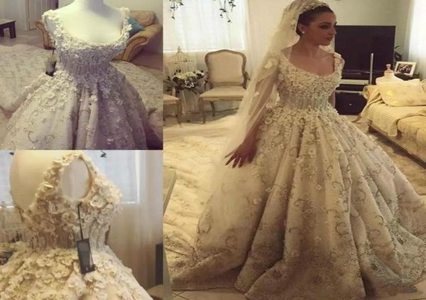 

luxury lace ball gown wedding dresses scoop neck 3d floral appliques beads rhinestone suadi arabic beach wedding dress sweep train6938236, White