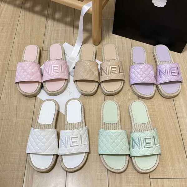 

channel straw sole braid slippers women classic flats thick bottom heel summer lazy designer flip flops leather lady slides shoes l bath san, Black