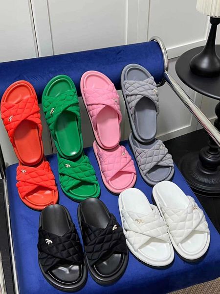 

slipper designer shoes channel slides thick soled silk diamond extra wear one line slippers women's genuine leather new summer sandals, Black