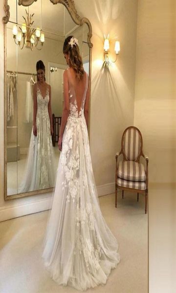 

2019 new lace beach wedding dresses beach aline 3dfloral appliques wedding dress maternity pregnant boho bridal gowns backless c9515327, White