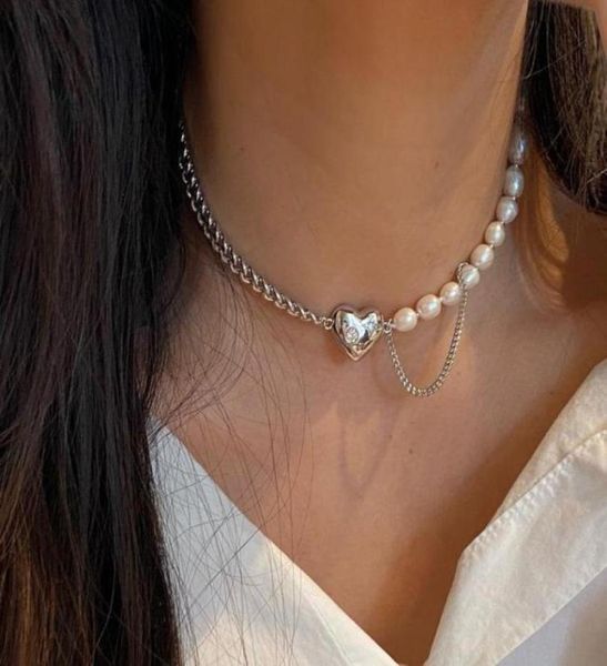 

gothic baroque pearl heart pendant choker necklace for women wedding punk bead lariat gold color long chain chains12183839018235, Silver