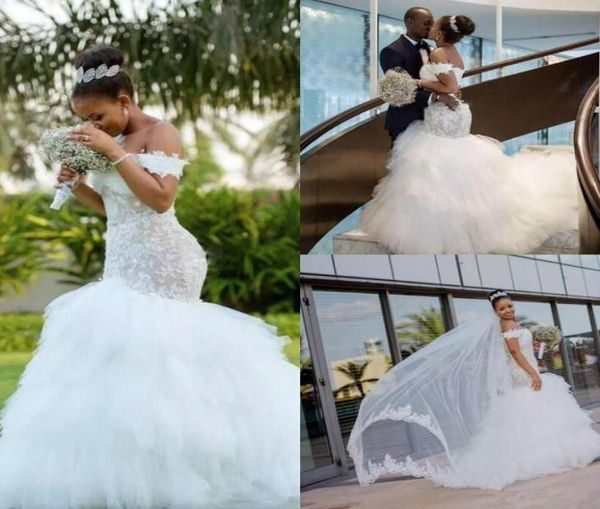 

2019 african mermaid wedding dresses off the shoulder lace appliques ruffles plus size bridal gowns beach country vestido de novia7734821, White