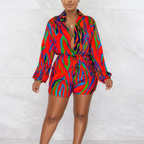 

women's jumpsuits rompers long sleeve v neck printed shirt romers for women 230717, Black;white