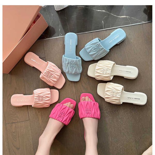 

mius beach shoes women slide designer sandals high family genuine leather women's 2023 summer new fashion square flat bottom slippers f