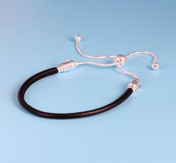 

new retractable bracelet for 925 sterling silver black base leather rope bracelet with original box holiday gift2305418, Golden;silver