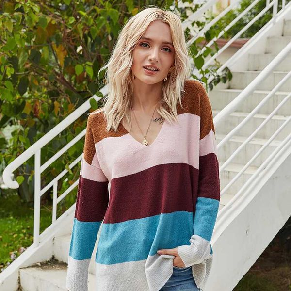 

women's sweaters women's oversized sweaters autumn winter girl's v-neck open back loose striped contrast color knitted shirts, White;black