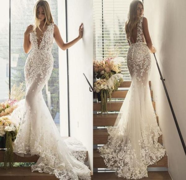 

2021 new wedding dresses deep v neck lace beads appliques bridal gowns custom made backless sweep train mermaid wedding dress7056763, White