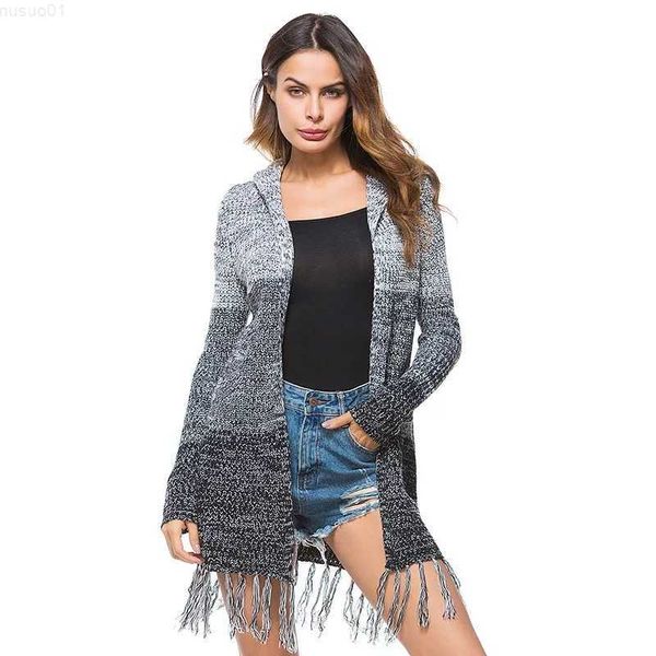 

women's sweaters women's open stitch cardigan autumn winter ladies long sleeve tassel knitted hooded sweaters l230718, White;black
