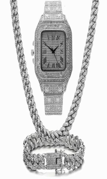 

chain chains iced bling out miami cuban link rhinestone watch necklaces bracelet women men jewelry set hip hop choker9605591, Silver