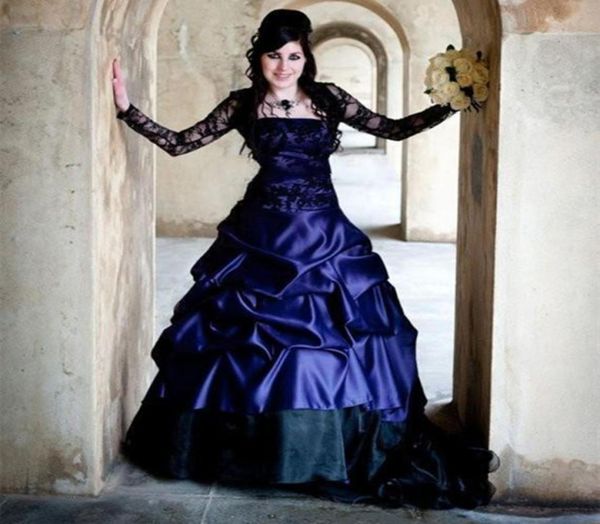 

vintage victorian gothic ball gown wedding dresses sheer long sleeves blue and black ruched retro corset lace bridal gowns pl7793070, White